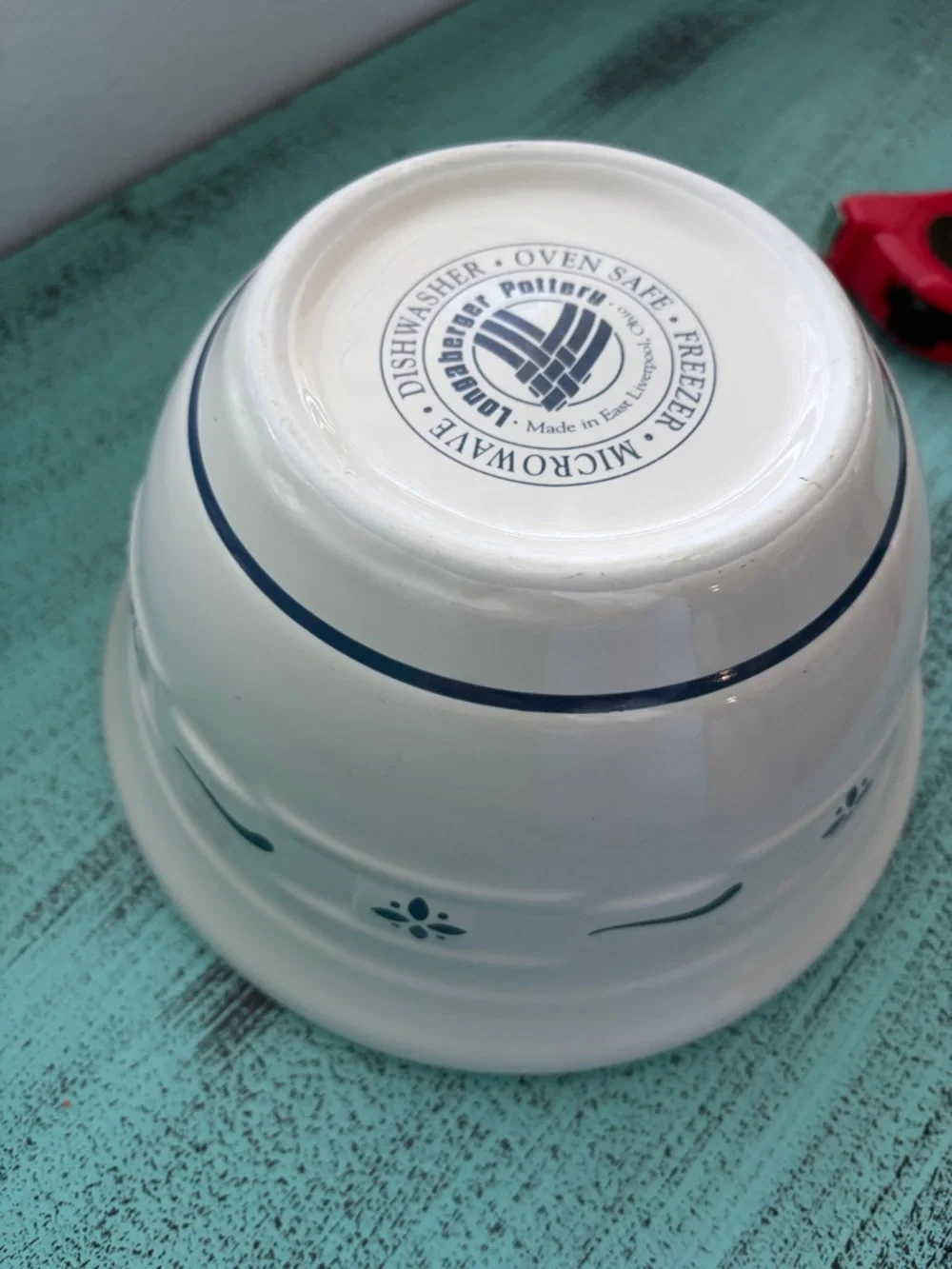 Longaberger Cream and Blue Ceramic Bowl -oven freezer dishwasher and microwave